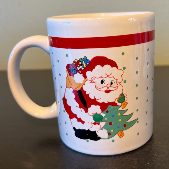 Lot of 4 Christmas Ceramic Mugs w/ Polka Dots ~ Santa Claus Snowman Holiday Tree - Picture 4 of 12